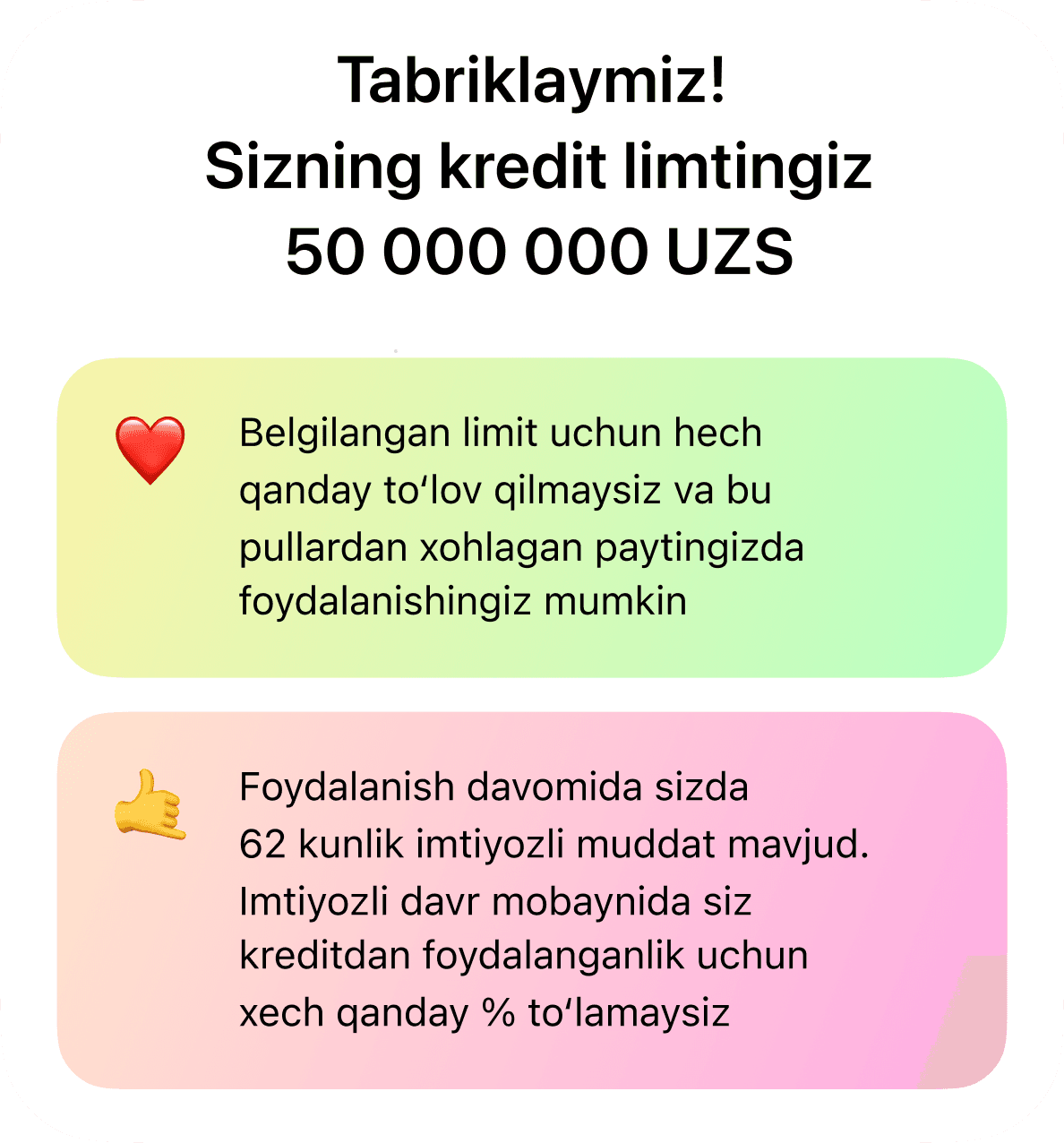 Sizga ajratilishi mumkin bo‘lgan kredit miqdorini darhol hisoblab beramiz